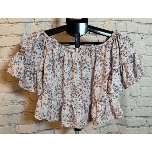 GB Tops - GB Floral Off The Shoulder Ruffle Crop Top Tan Blue Small